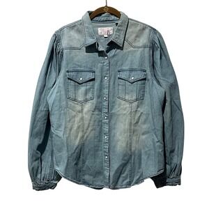 Panhandle Womens Large Denim Western Shirt Long Sleeve Pearl Snap Balloon Sleeve